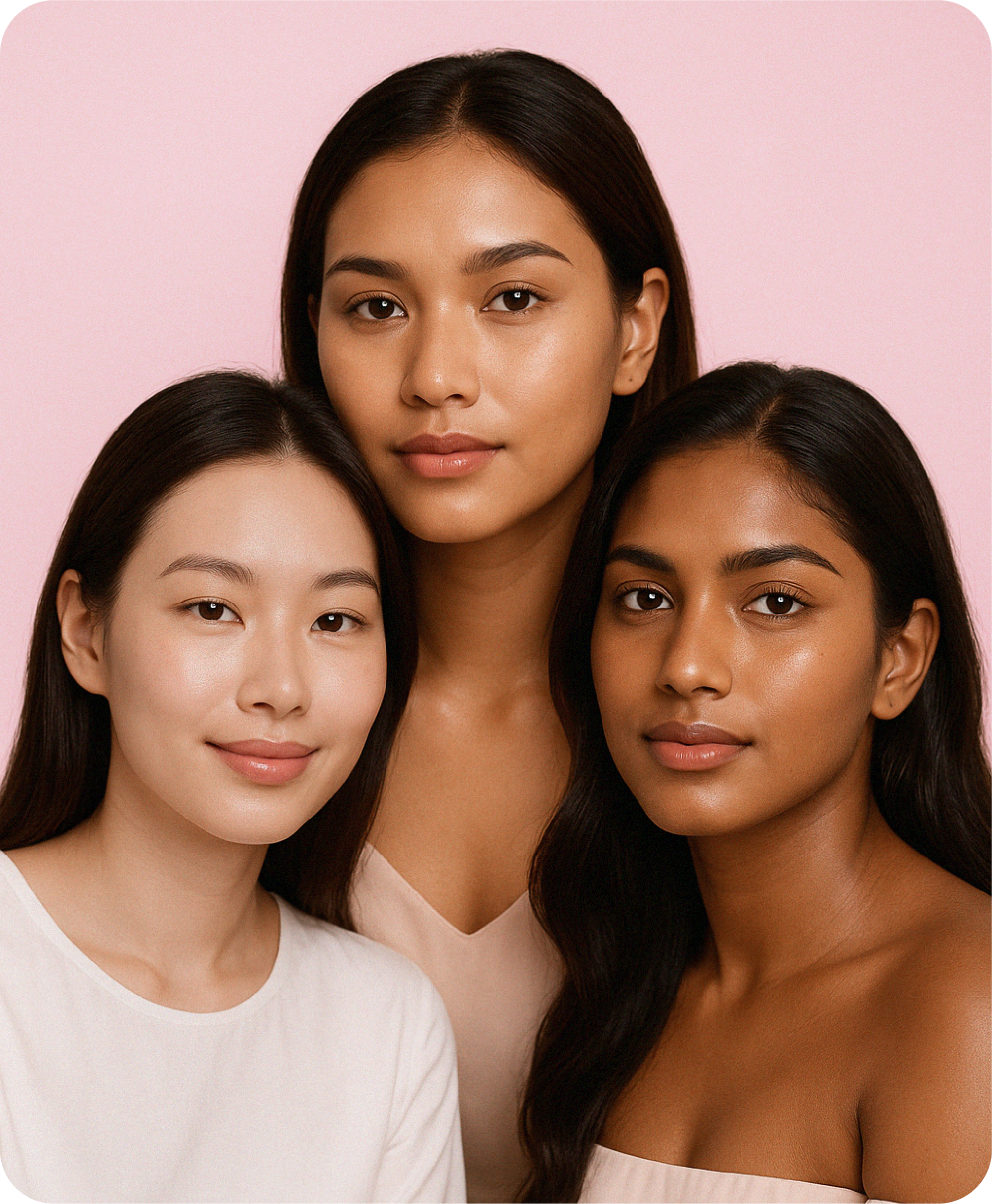Three women with diverse Southeast Asian skin tones smiling softly against a pink background, showcasing natural, glowing skin.